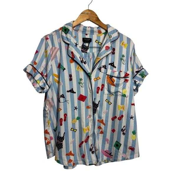 Kate Spade Colorful Summer Beach Printed Striped Button-Up Pajama Set Large - Picture 2 of 9